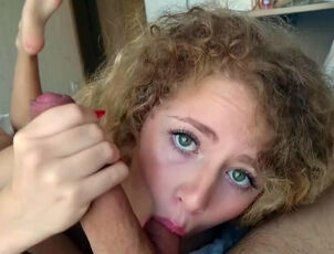 Sumptuous euro damsel with curly hair doing killer blowage